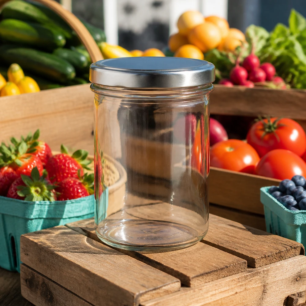 350ml bekers met BasicSeal deksel zilver UNiTWIST 350ml mason pot met zilveren deksel in keuken omringd door vers fruit en groenten Inmaakpot