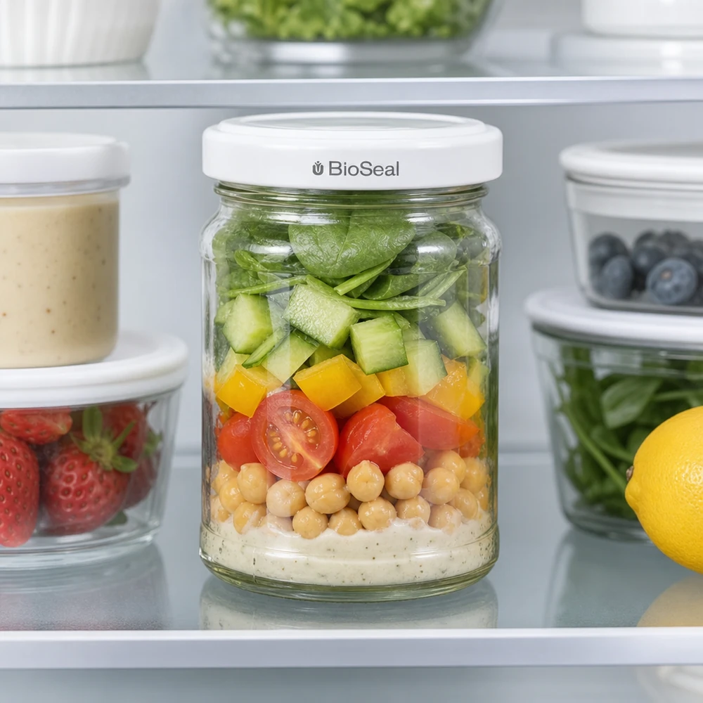 205ml rond glas met BioSeal deksel wit UNiTWIST UNiTWIST Runda205 met TO58 BioSeal deksel als meal prep pot in de koelkast gevuld met salade en kikkererwten