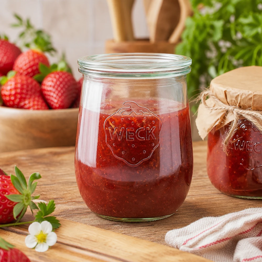 1062ml tulpenglas met glazen deksel WECK RR100 WECK inmaakpot 1062ml gevuld met aardbeienjam op houten plank naast verse aardbeien en keukendoek