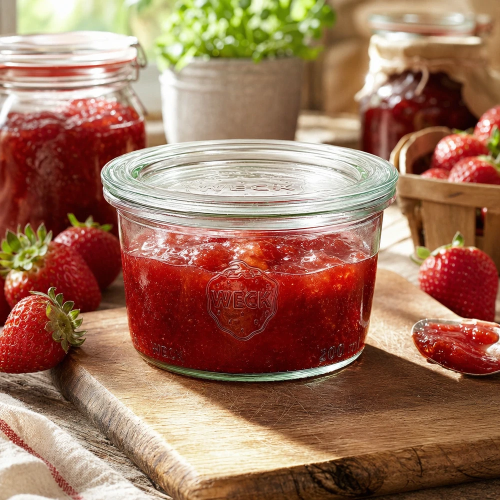 200ml stortglas met glazen deksel WECK RR80 WECK 200ml RR80 mason jar gevuld met zelfgemaakte aardbeienjam op een houten plank met verse aardbeien