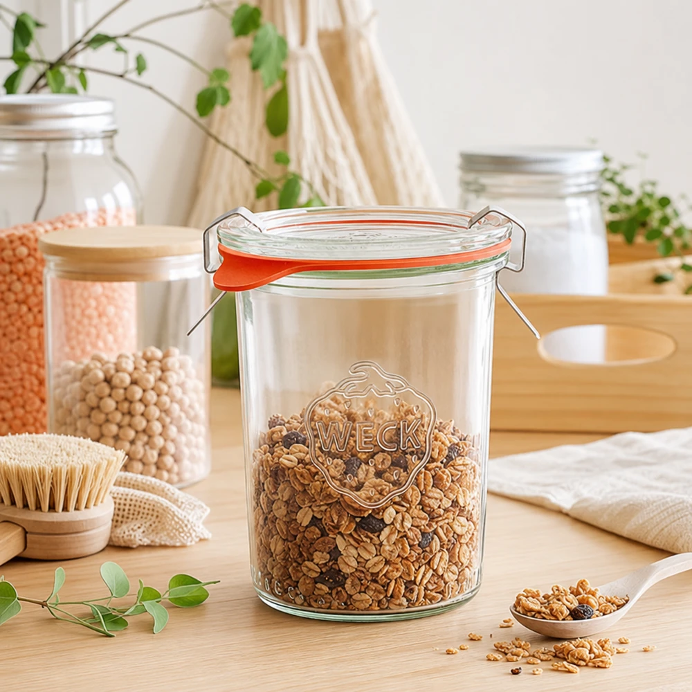 160ml stortglas compleet WECK RR60 WECK 160ml RR60 mueslipot gevuld met muesli in een duurzame zero-waste keuken voor milieuvriendelijke opslag