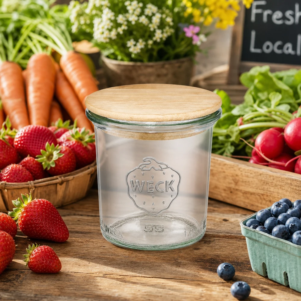 140ml stortglas WECK RR60 met hout deksel WECK bekers 140ml RR60 met houten deksel omringd door verse groenten fruit op houten tafel boerenmarkt sfeer