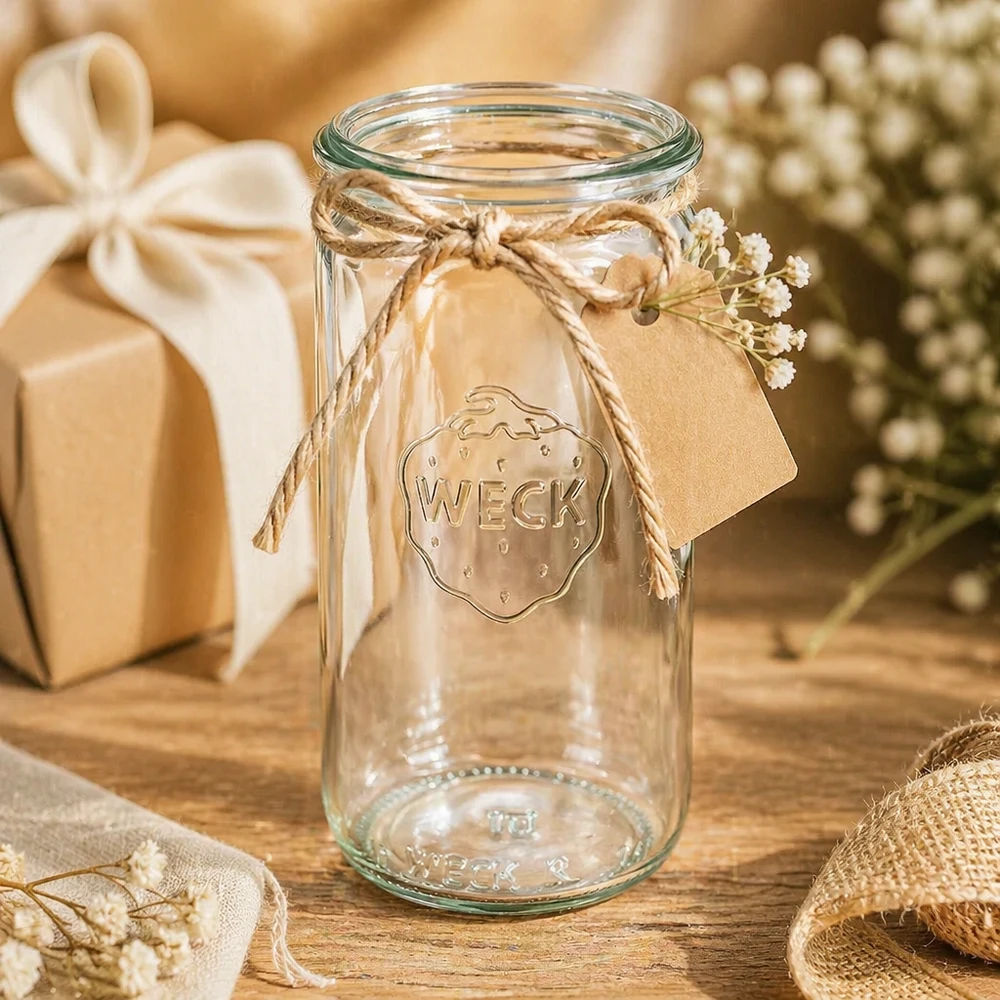 WECK cilinderpot 340ml RR60 als geschenk versierd met jute koord en hanger in een rustiek decoratief tafereel