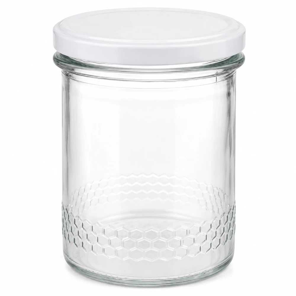 Honingpot 560 g met witte BasicSeal UNiTWIST-deksel 400 ml honingpot met wit BasicSeal deksel UNiTWIST transparante pot met honingraatpatroon op de bodem