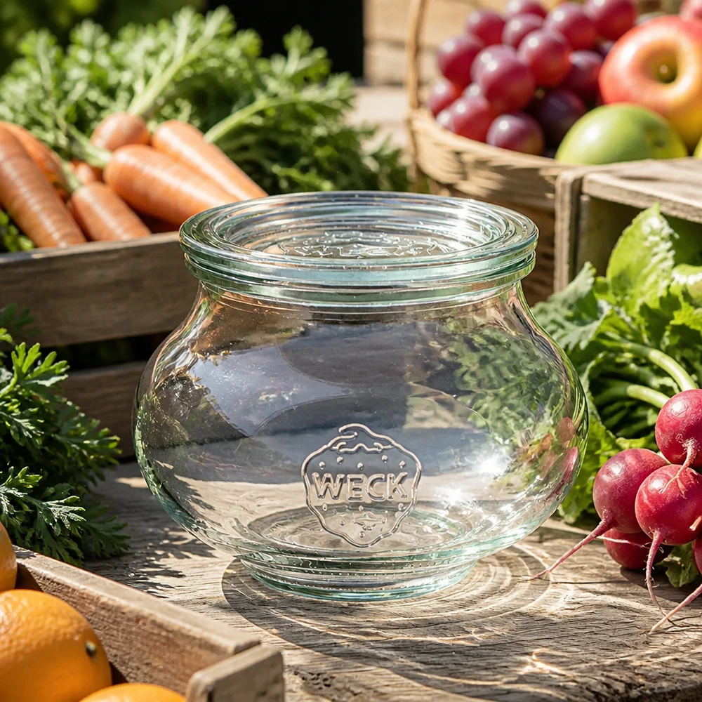560 ml sierpot met glazen deksel WECK RR80 WECK decoratieve pot 560ml RR80 met transparant glazen deksel tussen verse groenten wortelen radijzen en fruit