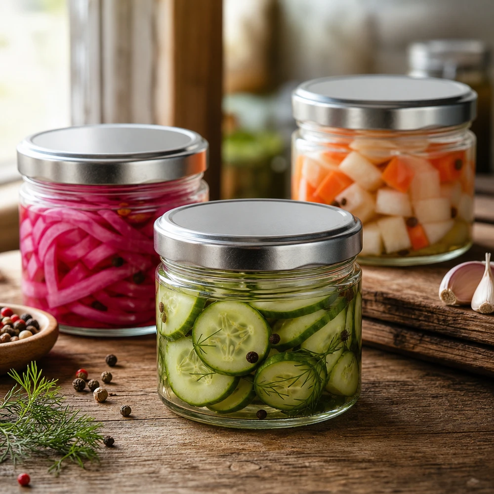 540ml rond glas met BasicSeal deksel zilver UNiTWIST Ronde potten van 540 ml met zilveren deksels voor het inmaken van ingemaakte groenten, komkommers en uien