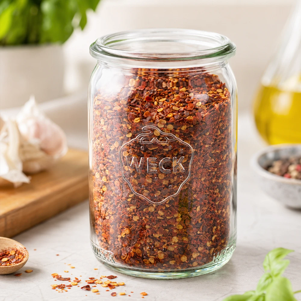 WECK RR40 pot 145ml gevuld met rode chilikruidenvlokken op een wit keukenblad met knoflook en olie