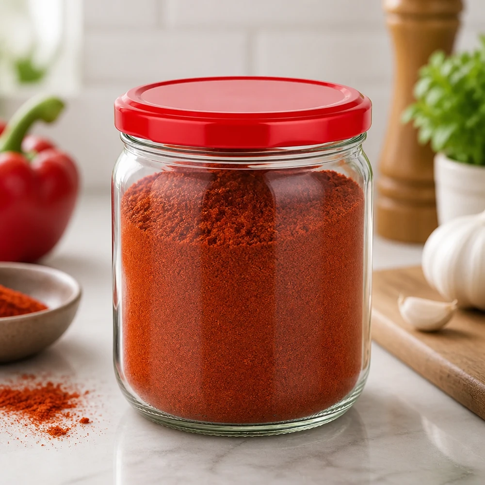425 ml ronde pot met rood deksel gevuld met paprikapoeder in een moderne keuken - kruidenopslag BasicSeal UNiTWIST