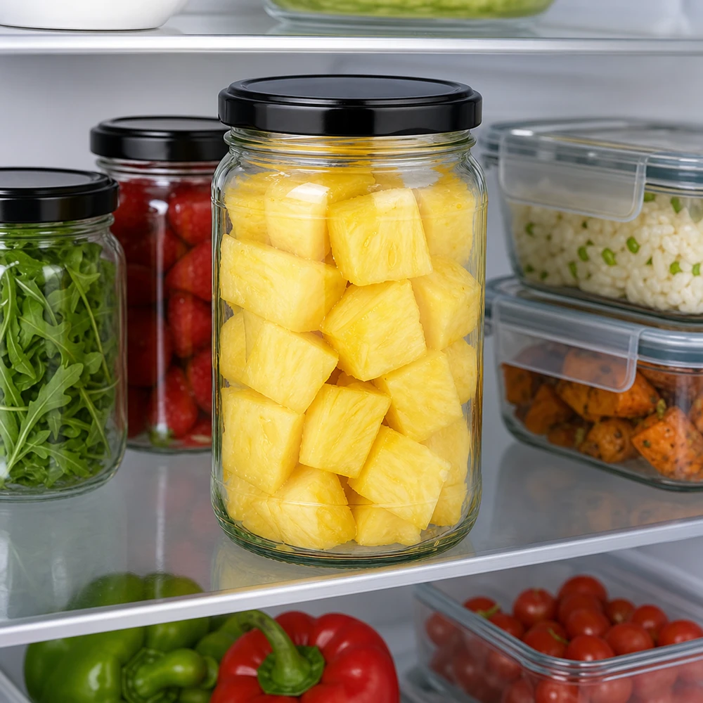 305ml rond glas met BasicSeal deksel zwart UNiTWIST 305 ml ronde pot UNiTWIST met zwart deksel vol ananas in de koelkast om voedsel in te bewaren