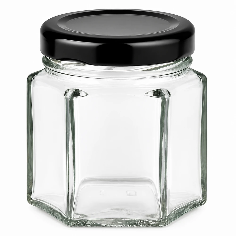 47ml hexaglas met BasicSeal deksel zwart UNiTWIST 47 ml zeshoekig glazen potje met zwart BasicSeal deksel - zeshoekig glazen potje voor voedsel en opslag