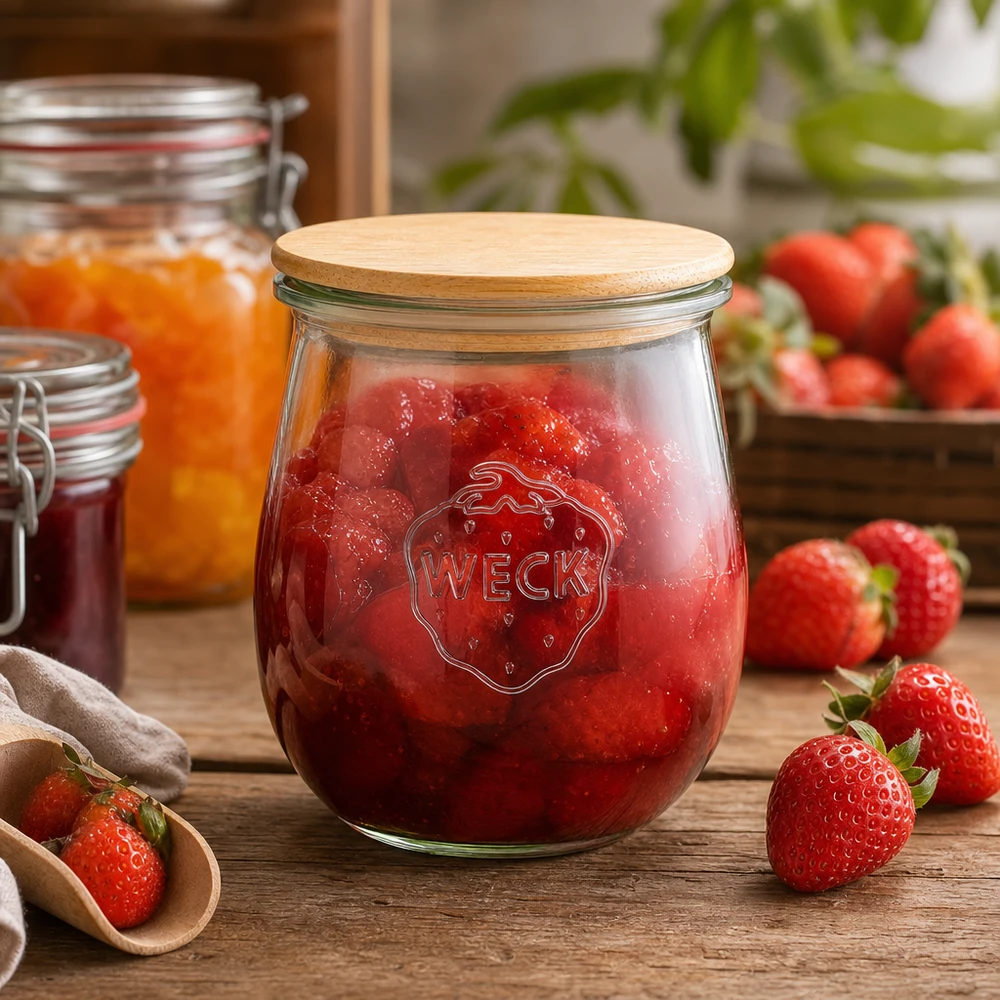 WECK tulpenpot 220ml met houten deksel gevuld met aardbeienjam - inmaakpot voor jam en smeersels