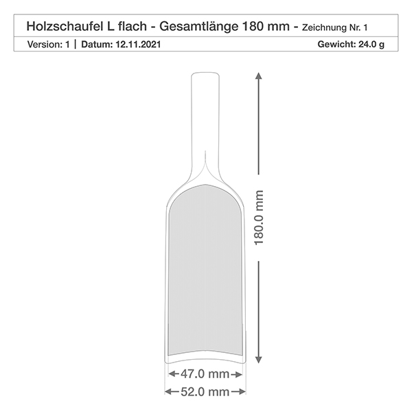 Houten schep maat L platte vorm - 180mm lang Technische tekening Houten schep L plat 180mm totale lengte met afmetingen 47mm en 52mm breedte Gewicht 24g