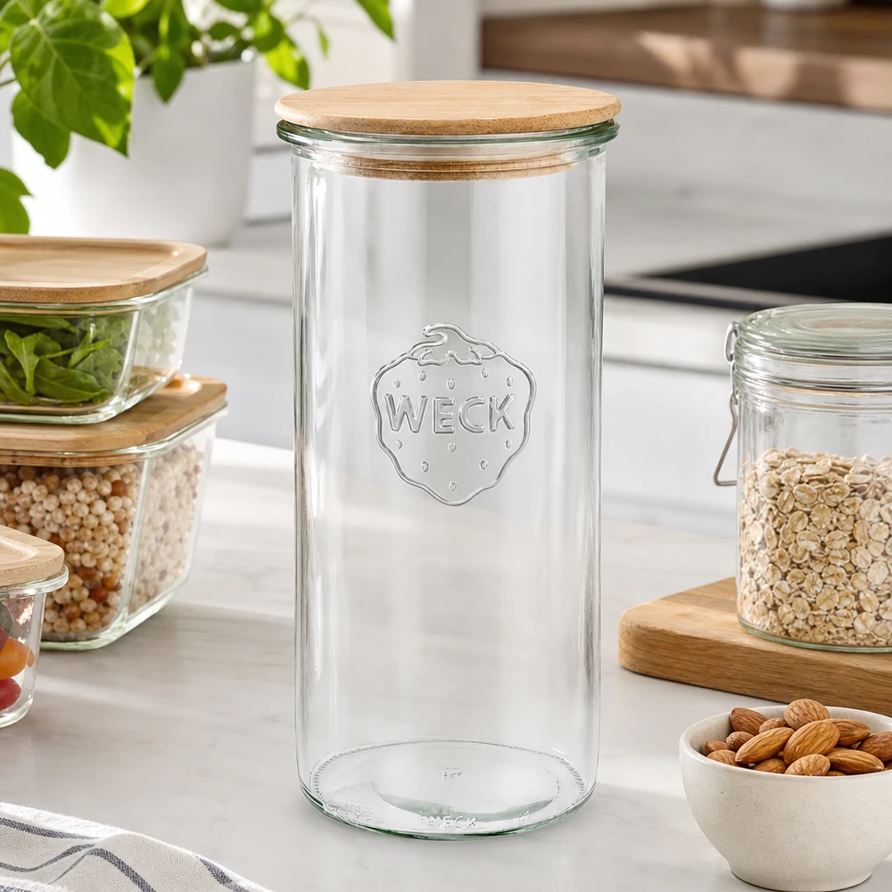 WECK 1500ml RR100 lege voorraadpot met houten deksel in een moderne keuken omringd door gevulde voorraadpotten met noten