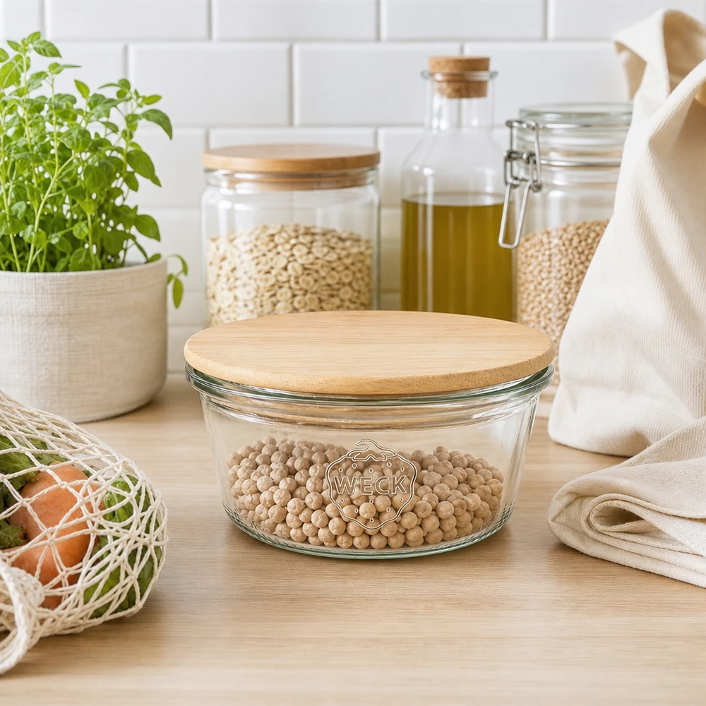 WECK beker 290ml RR100 met bamboe houten deksel in duurzame keuken met peulvruchten, zero-waste concept
