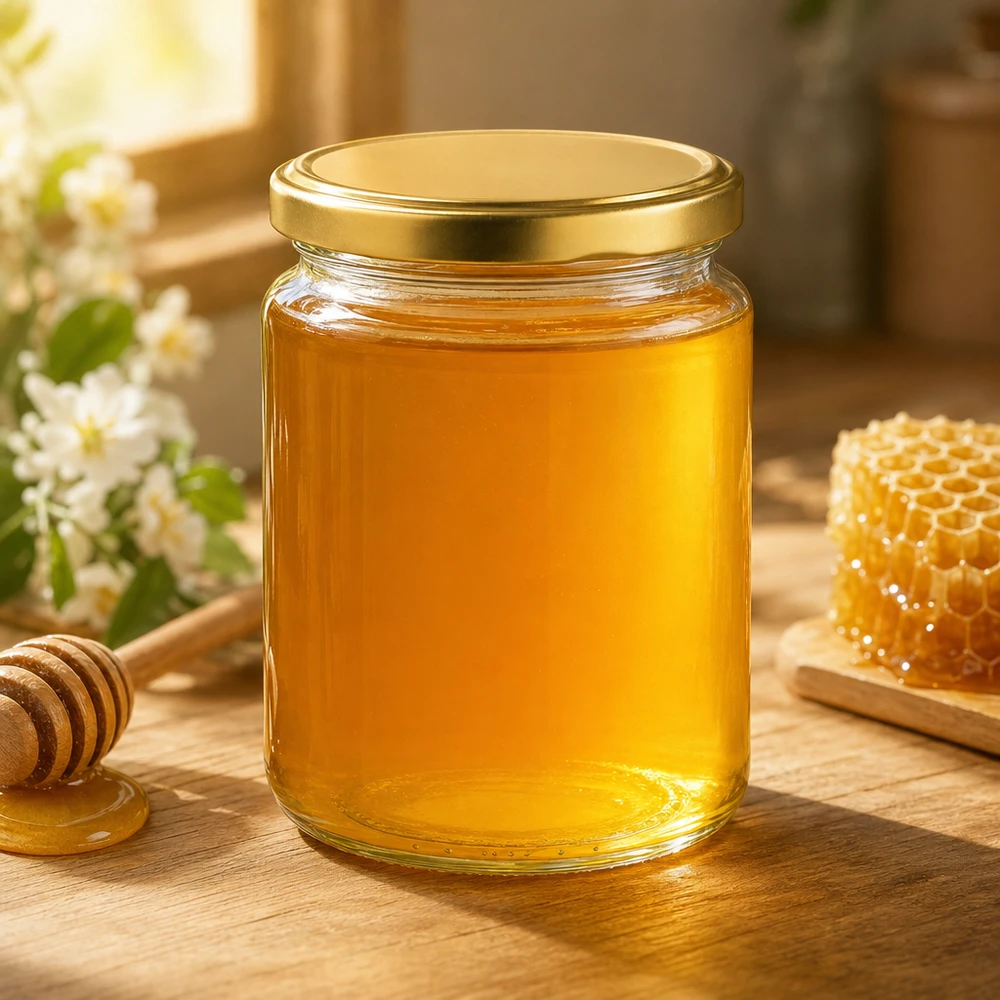 Honingpot 450 g met gouden deksel BasicSeal UNiTWIST 450g honingpot met gouden deksel gevuld met honing naast honingraat en honinglepel natuurlijke keuken decoratie