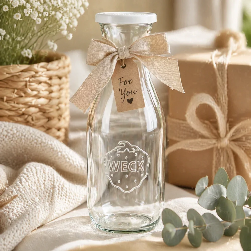 Sapfles van 1062 ml met vershouddeksel WECK RR60 WECK sapfles 1062ml als geschenk met strik en For You tag in een rustiek decoratief tafereel