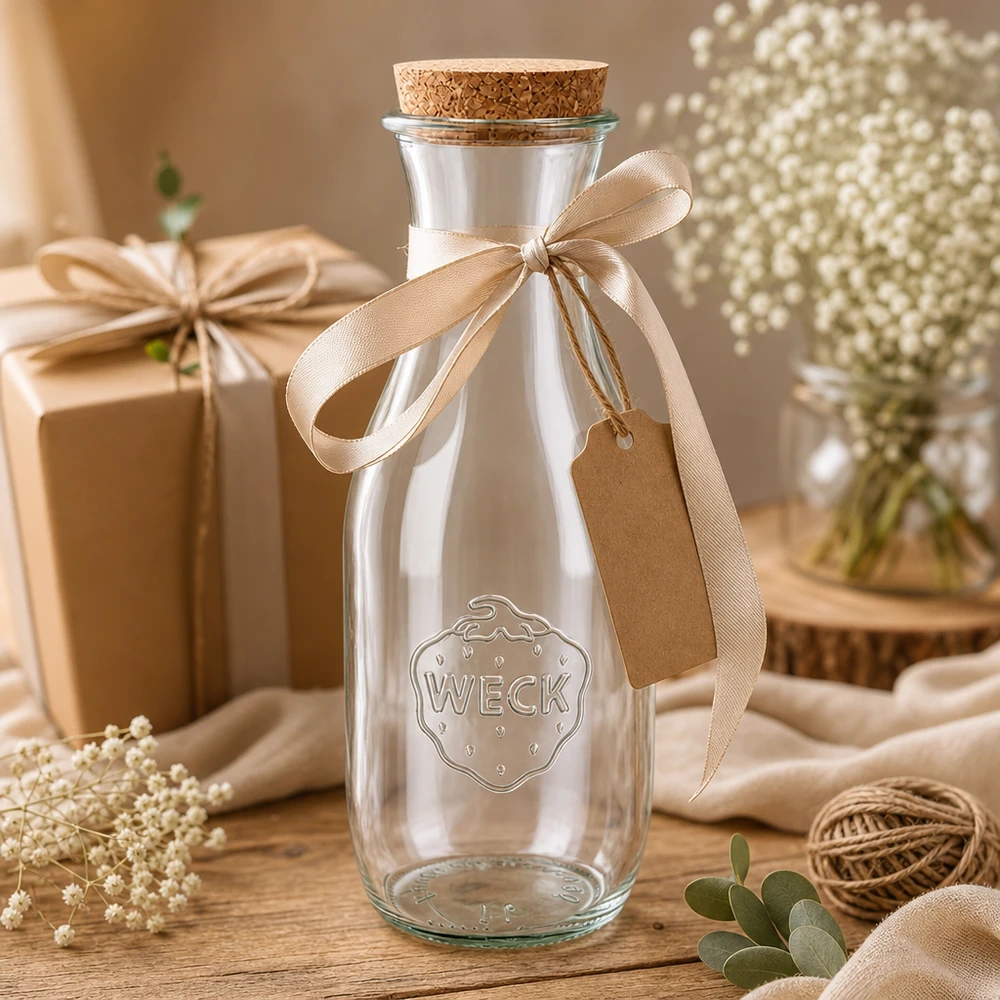 1062ml sapflessen WECK RR60 met kurk WECK glazen fles 1062ml cadeau versierd met beige strik en hanger naast gipskruid en cadeauverpakking