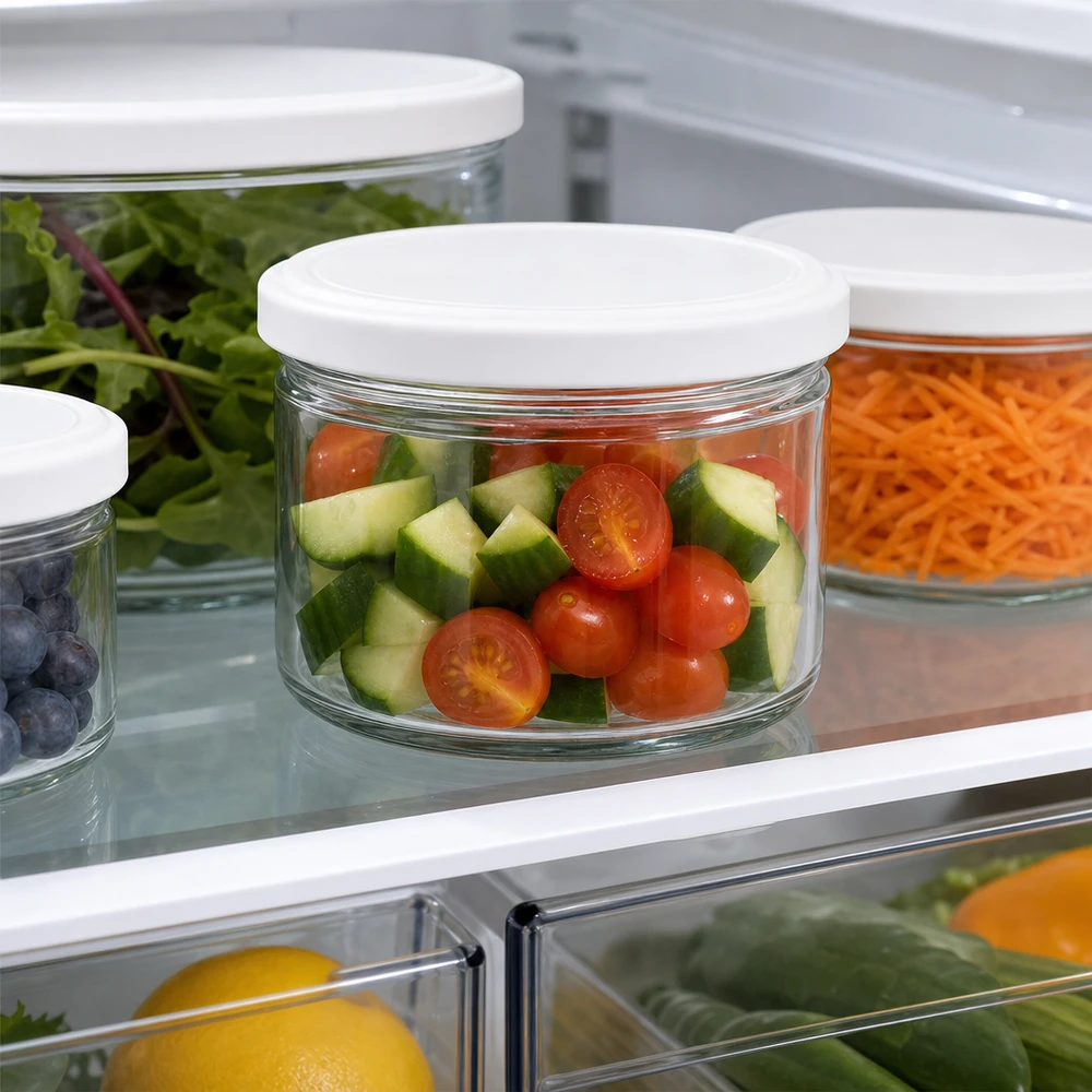 540ml rond glas met BasicSeal deksel wit UNiTWIST 540ml Rundglas BasicSeal weiß im Kühlschrank mit Tomaten und Gurken - optimale Frischhaltung für geschnittenes Gemüse