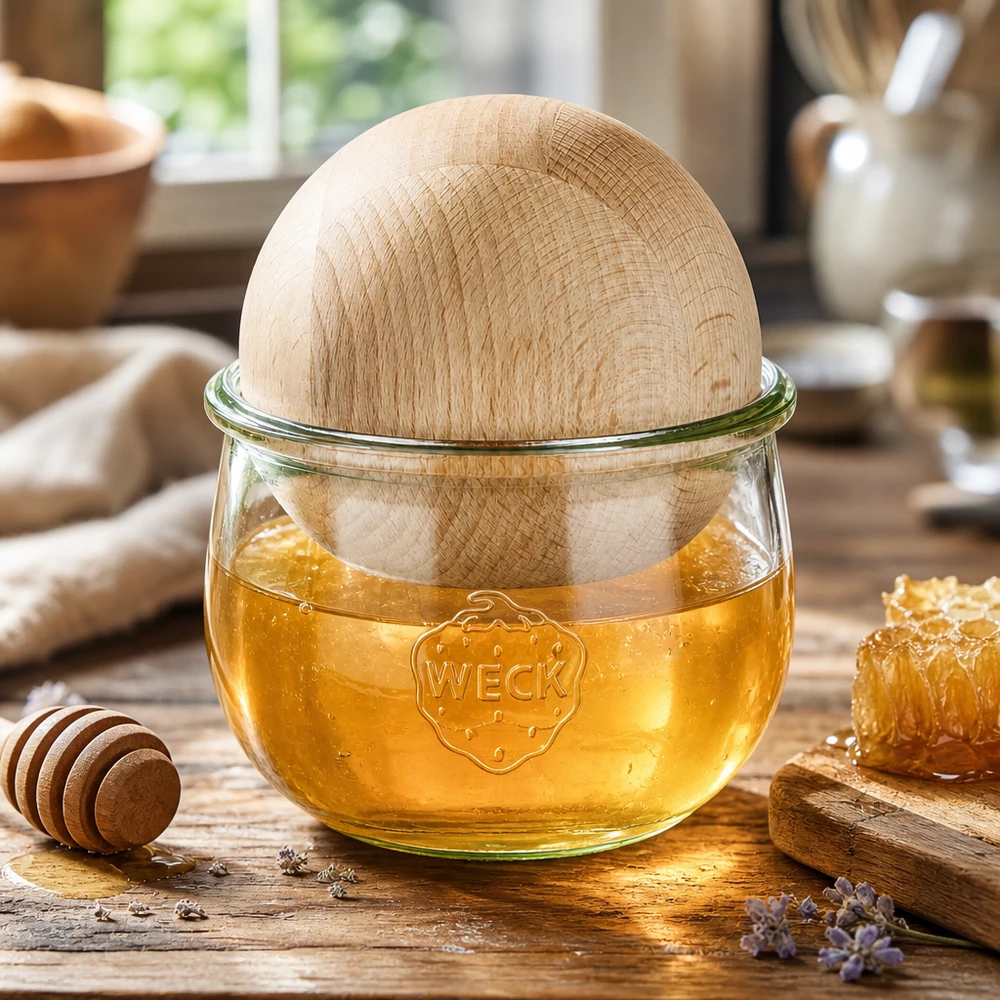 580ml tulpenglas WECK RR100 met houten bal WECK tulpenpot 580ml met beukenhouten bol gevuld met honing, decoratieve opslag voor natuurlijke producten en keukenaccessoires