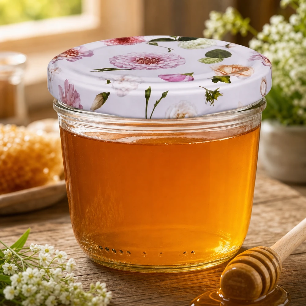 Glazen van 230 ml + BasicSeal-deksel roze... Honing in 230ml pot met BasicSeal deksel roze bloemen honingpot bijenteelt natuurlijke decoratie houten lepel