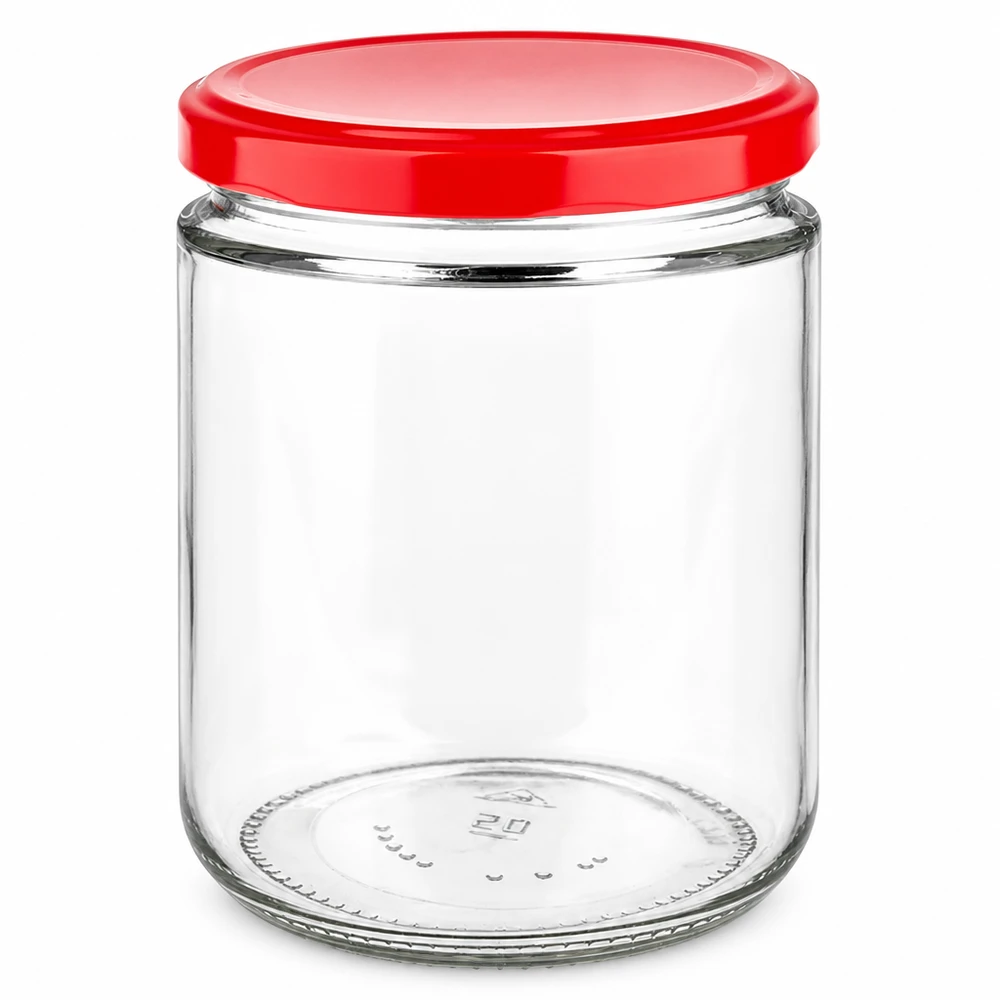 490 ml rond glas + BasicSeal-deksel rood UNiTWIST UNiTWIST 490 ml voorraadpot van helder glas met rode schroefdop BasicSeal, gezien van voren