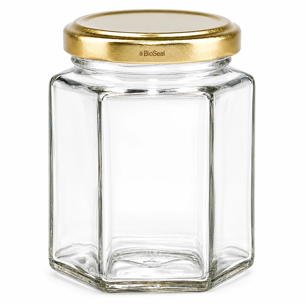 196ml hexaglas met BioSeal deksel goud UNiTWIST Zeshoekige metselpot UNiTWIST Hexa196 met gouden TO58 BioSeal deksel van transparant glas leeg