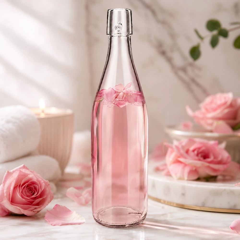 500 ml glazen fles zonder draaidop UNiTWIST 500ml UNiTWIST Glasflasche mit Rosenwasser in romantischer Dekoration mit rosa Rosen und elegantem Ambiente