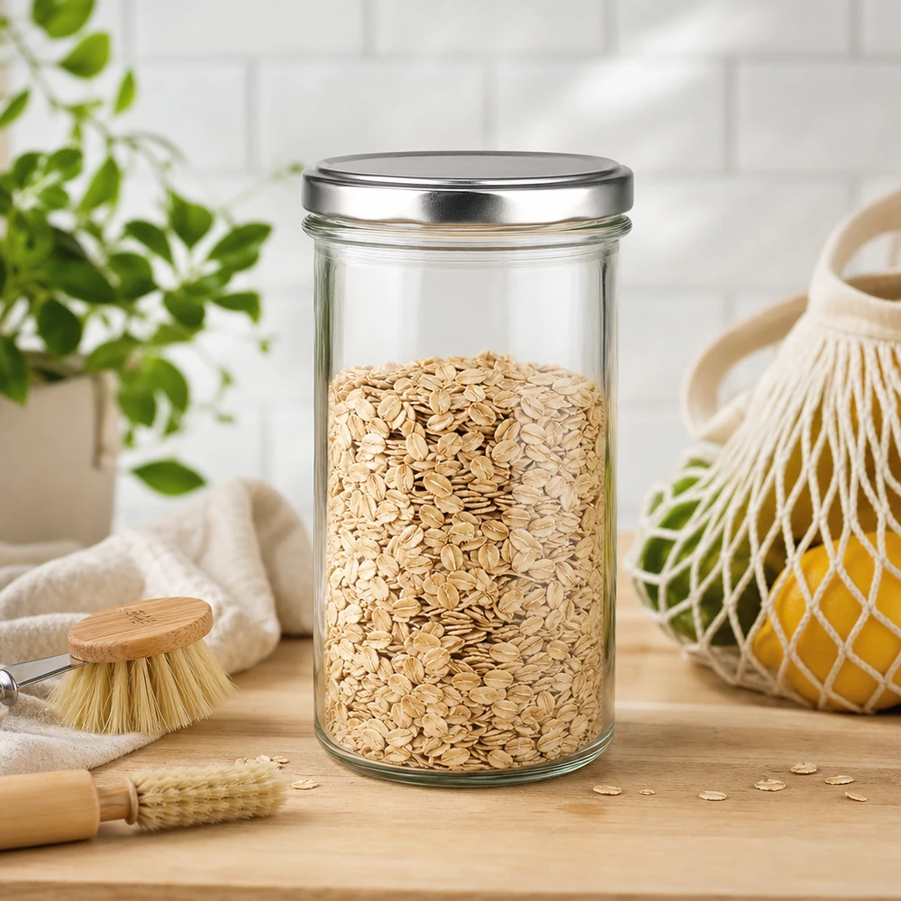 350ml bekers met BasicSeal deksel zilver UNiTWIST 350ml mason pot met BasicSeal deksel zilver gevuld met havervlokken op houten plank met keukenaccessoires Muesli pot