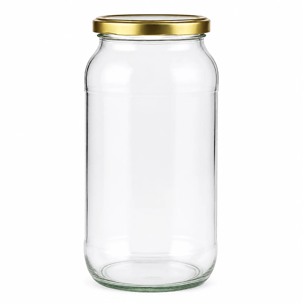 1062ml rond glas met BasicSeal deksel goud UNiTWIST Lege ronde pot van 1062 ml met gouden BasicSeal UNiTWIST schroefdeksel voor conserveren en bewaren