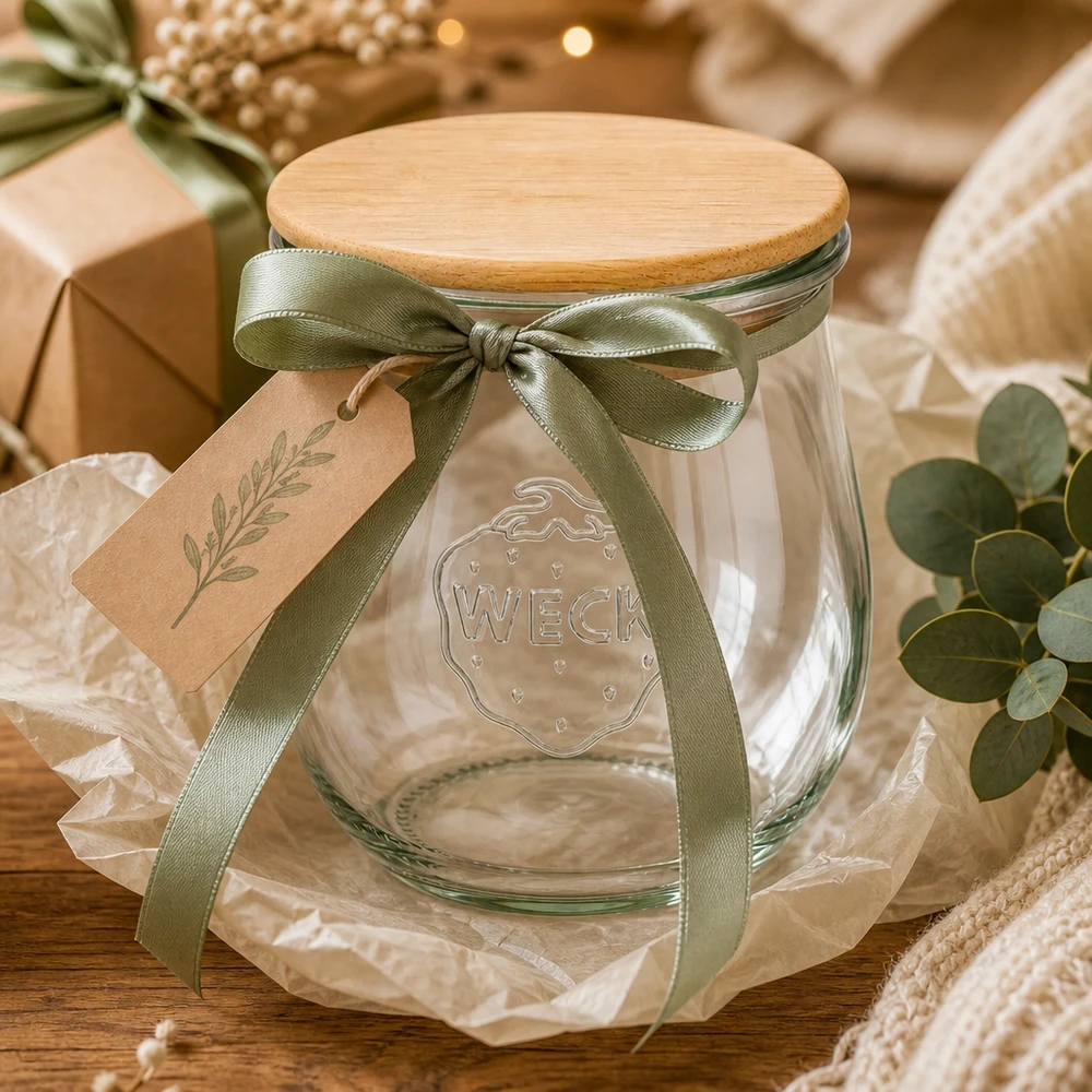 WECK tulpenpot 220ml RR60 cadeau met groen lint en label - inmaakpot met houten deksel, decoratief verpakt