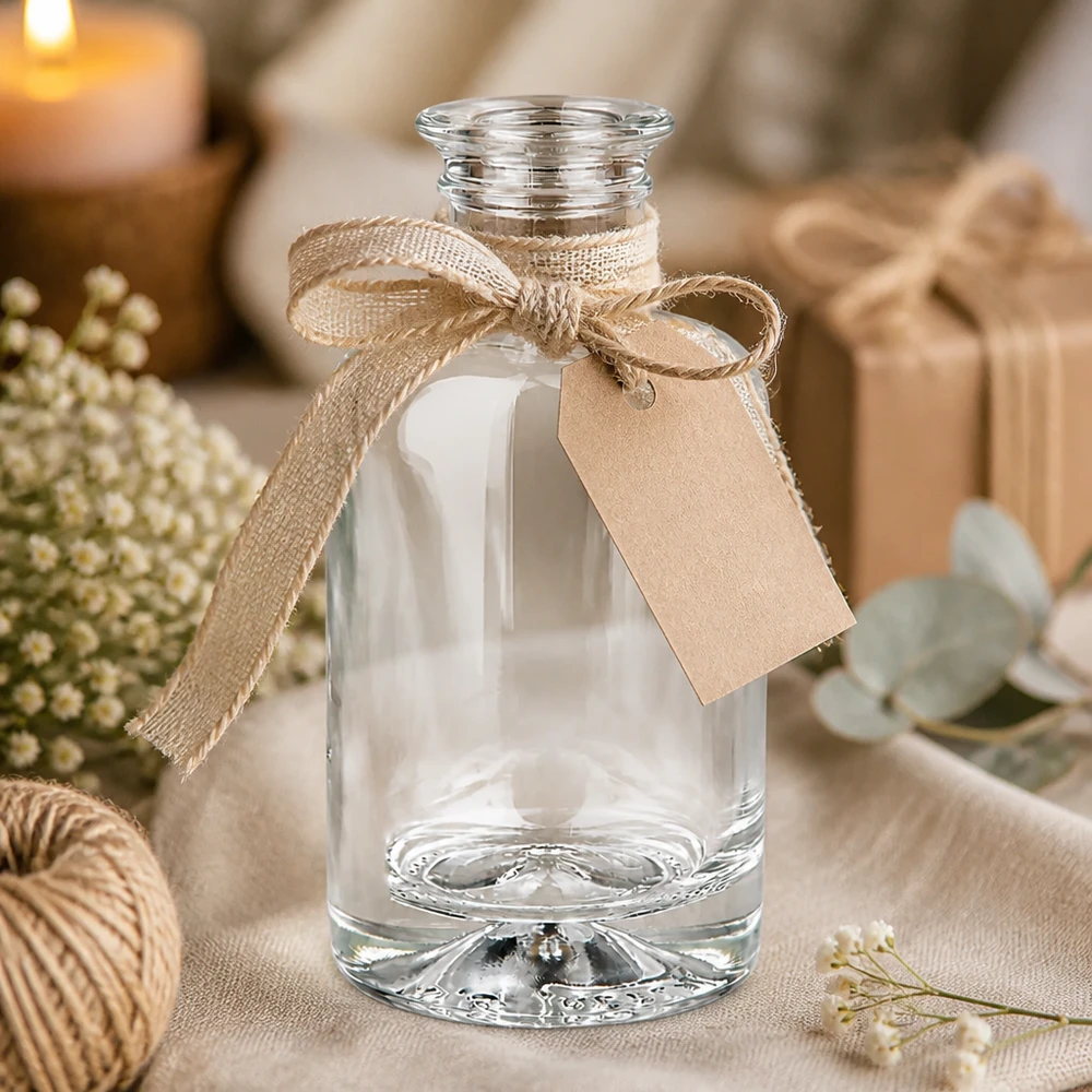 100 ml apothekersfles Sofia zonder sluiting UNiTWIST® 100ml Glasflasche Sofia als Geschenkidee mit Juteschleife und Anhänger in gemütlicher Deko-Atmosphäre mit Kerzen