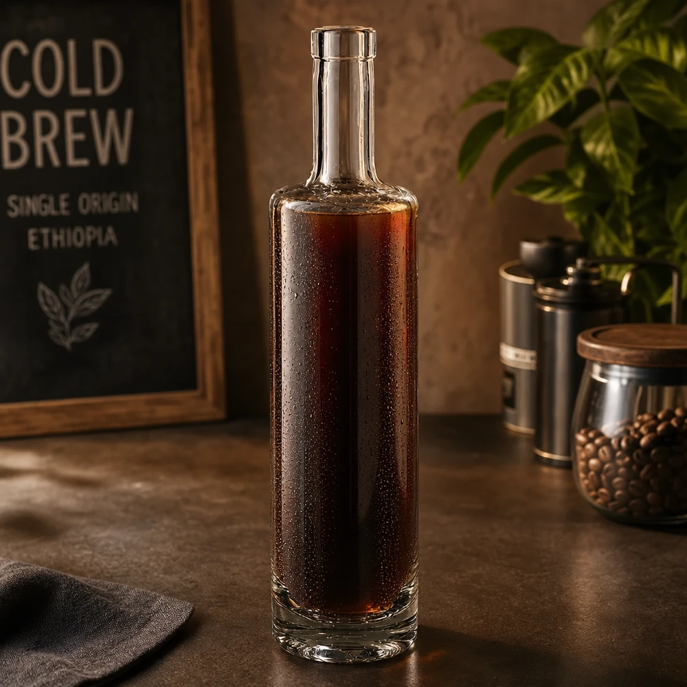 500 ml glazen fles Lina zonder sluiting UNiTWIST® 500 ml glazen fles van Lina gevuld met cold brew koffie in een stijlvolle koffieshop sfeer met koffiebonen en vintage deodorant.