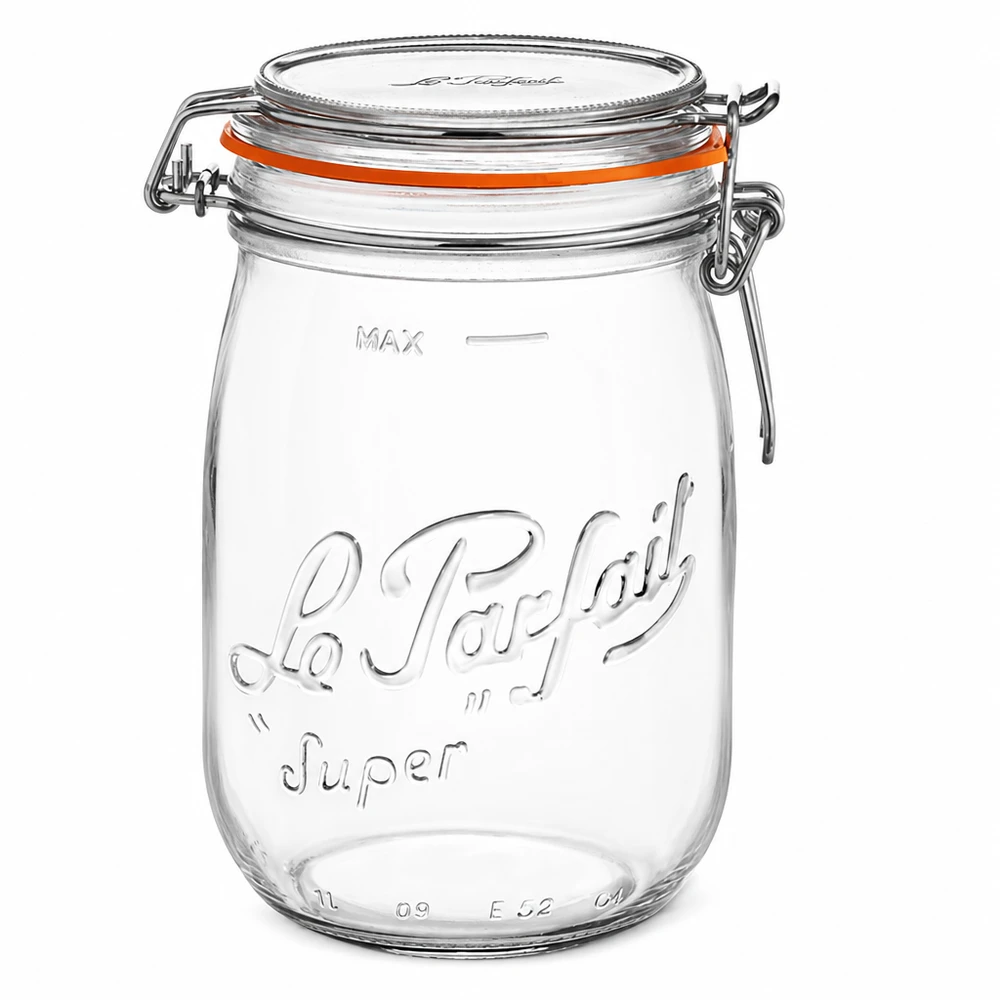 Le Parfait Super voorraadpot 1000ml met draaidop en oranje afsluitring van helder glas