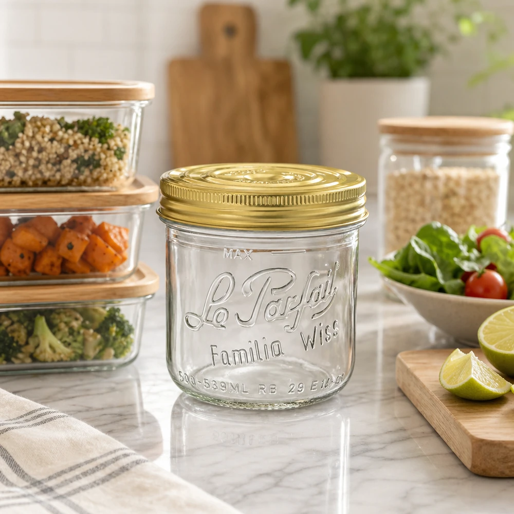 Le Parfait® Familia Wiss 500 g Ø100 mm pot 539ml Familia Wiss bekers met gouden deksel op het aanrecht naast voorraadpotten en vers voedsel