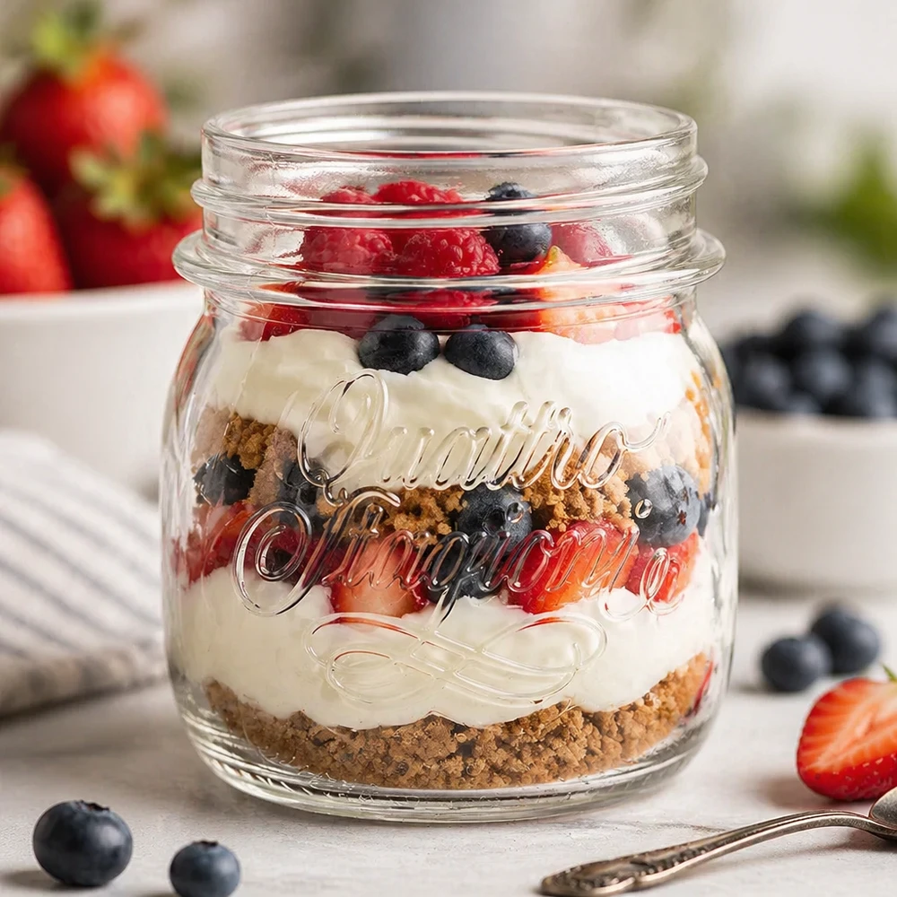 Quattro Stagioni 250 ml pot met gelaagd dessert van biscuitbasiscrème en bessen als huishoudpot om te bewaren