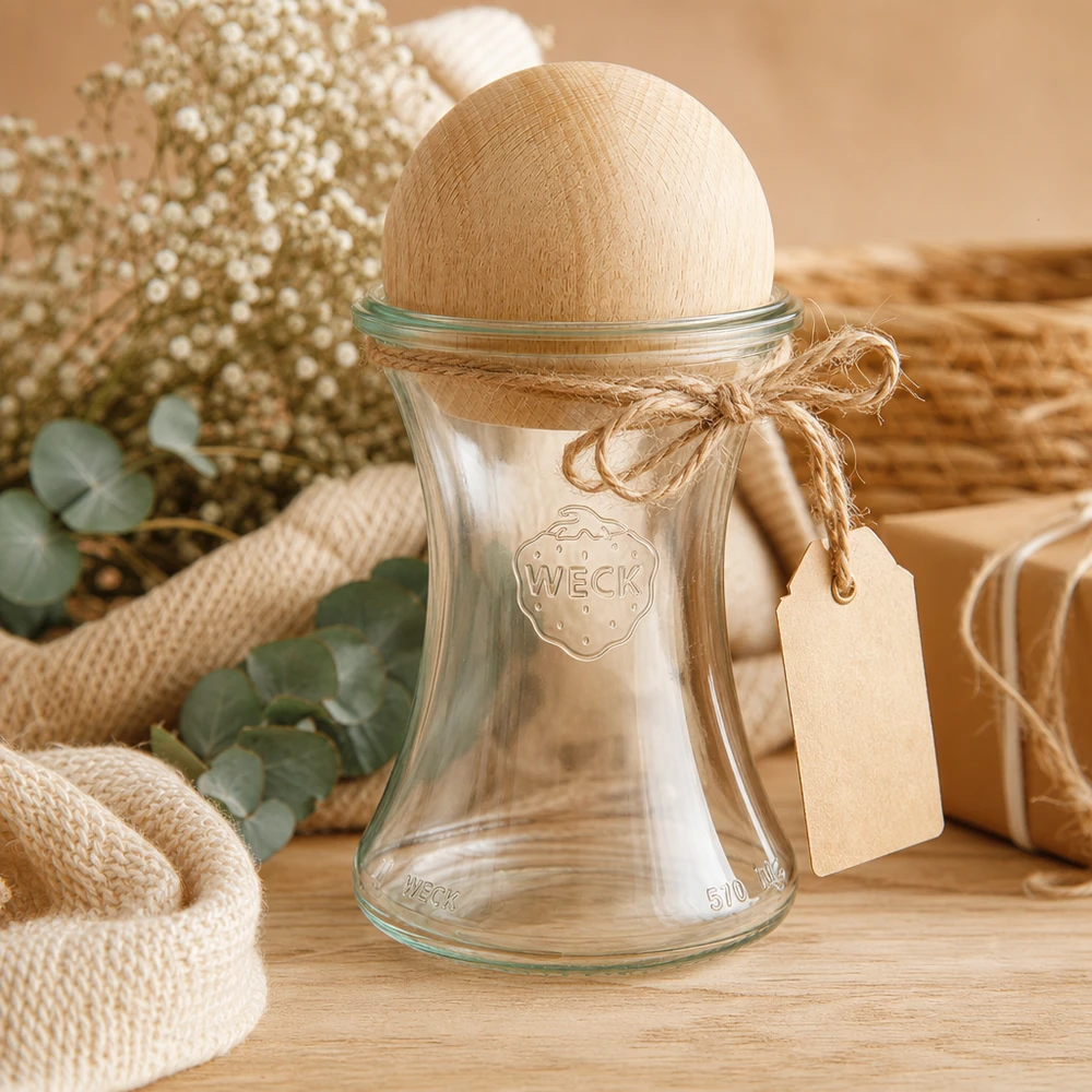 370ml delicatessenglas WECK RR80 met houten bal WECK delicatessenpot 370ml RR80 houten bol beuken geschenkdoos jute koord etiket natuurlijk keukengerei
