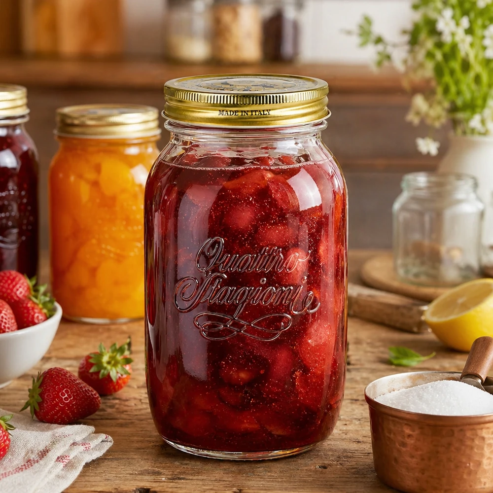 1500 ml rond glas "Quattro Stagioni" met deksel Quattro Stagioni inmaakpot 1500ml gevuld met aardbeienjam Keukenscène Italiaanse inmaakpot aardbeienjam