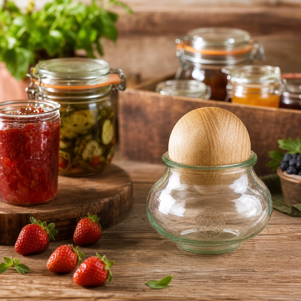 WECK voorraadpot 560ml RR80 houten bol beuken keuken decoratie met inmaakpotten jam aardbeien houten plank