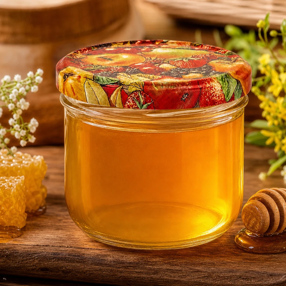 260ml bekers met BasicSeal deksel Fruit decor UNiTWIST Honig im 260ml Sturzglas mit BasicSeal Obst-Deckel, dekorative Präsentation mit Bienenwaben und Honigstab
