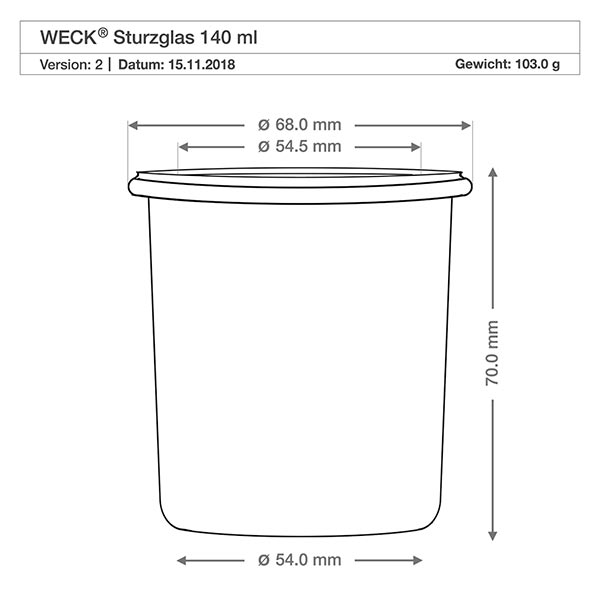 Glazen pot van 140 ml met glazen deksel WECK RR60 Technische tekening WECK 140ml RR60 bekers met afmetingen en specificaties voor houten beuken boldeksels