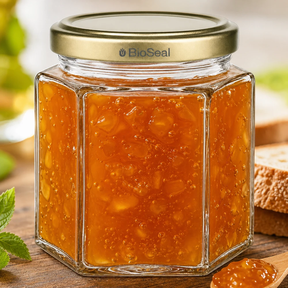 Honingpot 520 g met gouden BioSeal UNiTWIST-deksel Zeshoekige BioSeal honingpot van 520 g gevuld met sinaasappelmarmelade op een houten plank naast brood en munt