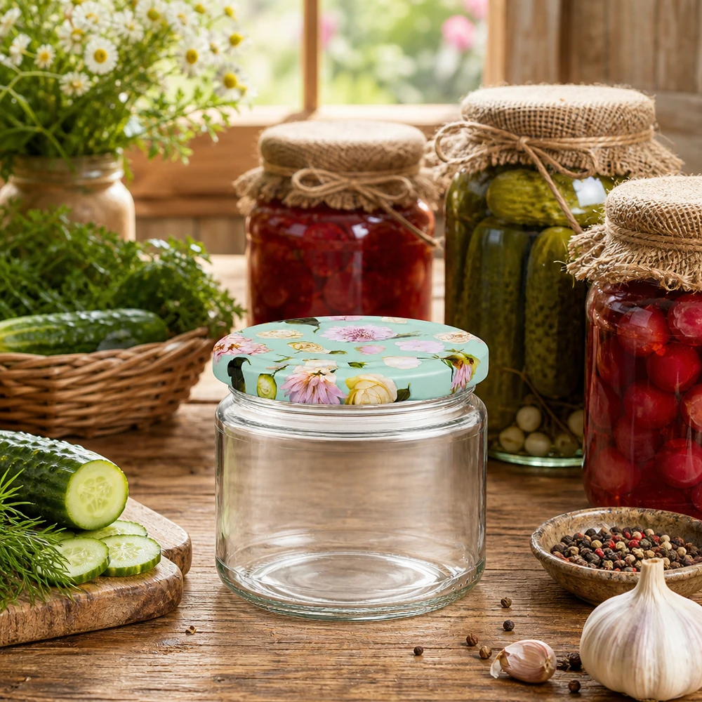 330ml ronde pot met BasicSeal deksel bloem munt leeg tussen inmaakpotten augurken en keukengerei