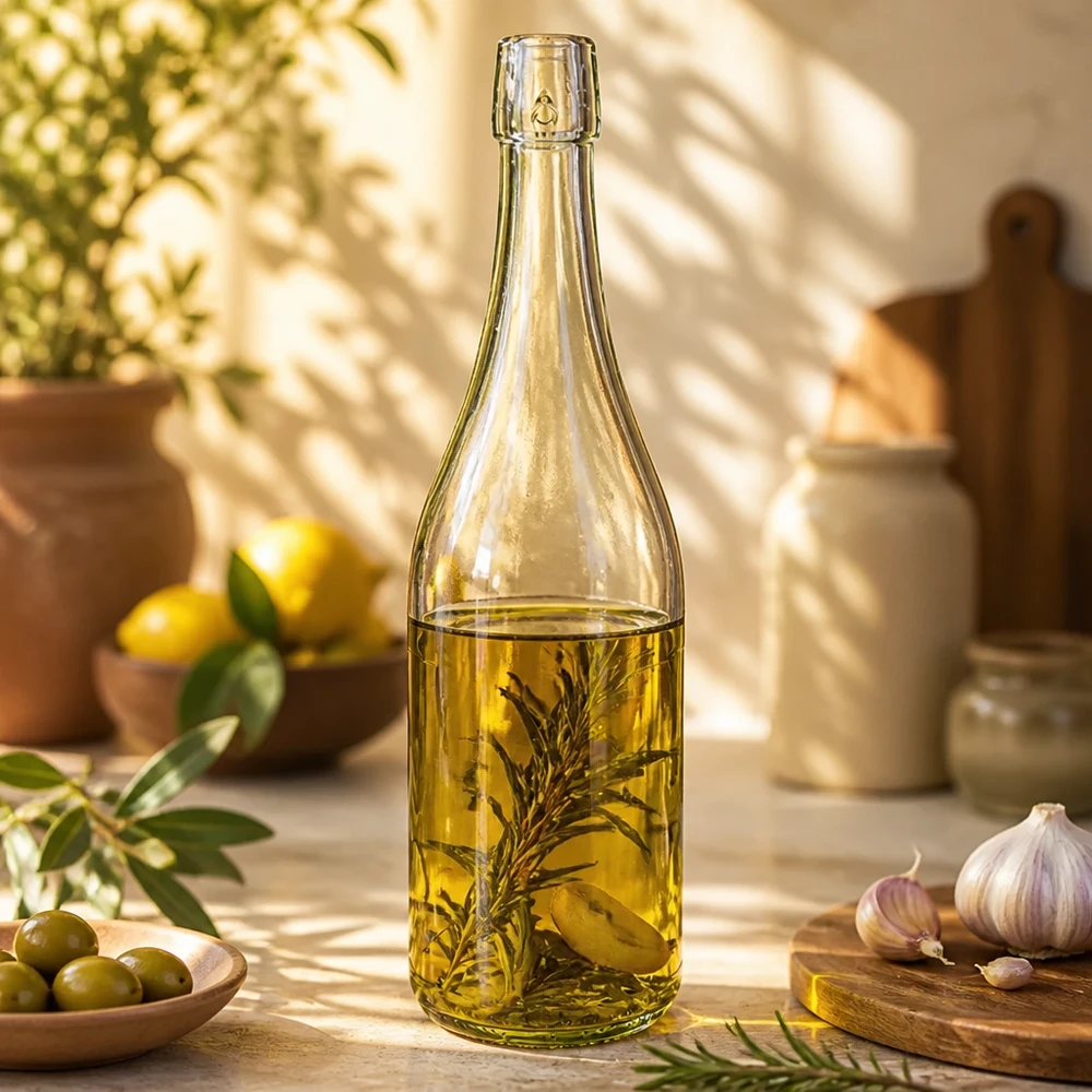 750 ml glazen fles zonder draaidop UNiTWIST 750 ml UNiTWIST glazen fles gevuld met kruidenolie in de mediterrane keuken met olijven en knoflook Voorbeeld van gebruik