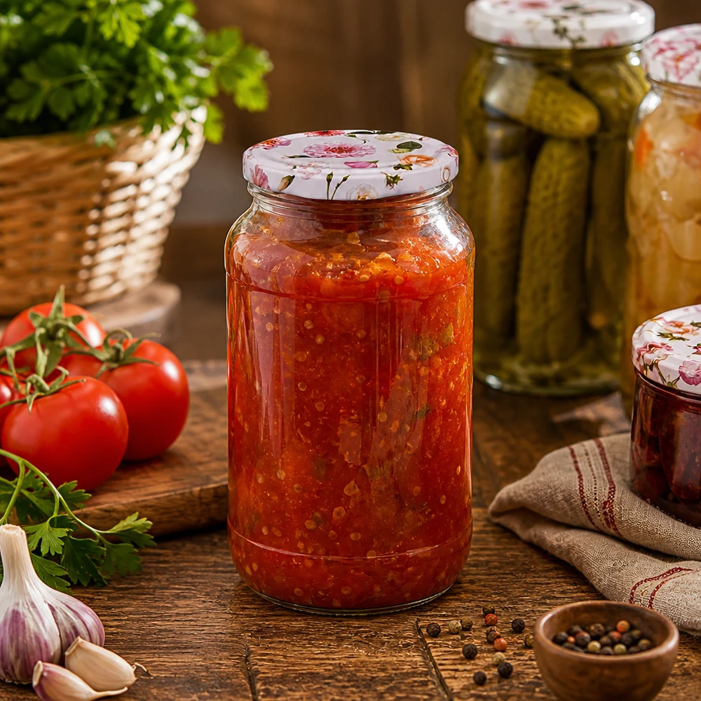 Ronde pot 1062 ml + deksel BasicSeal roze bloem UNiTWIST Inmaakpotje 1062ml gevuld met tomatensaus toont praktisch gebruik van het roze bloemendeksel in de keuken