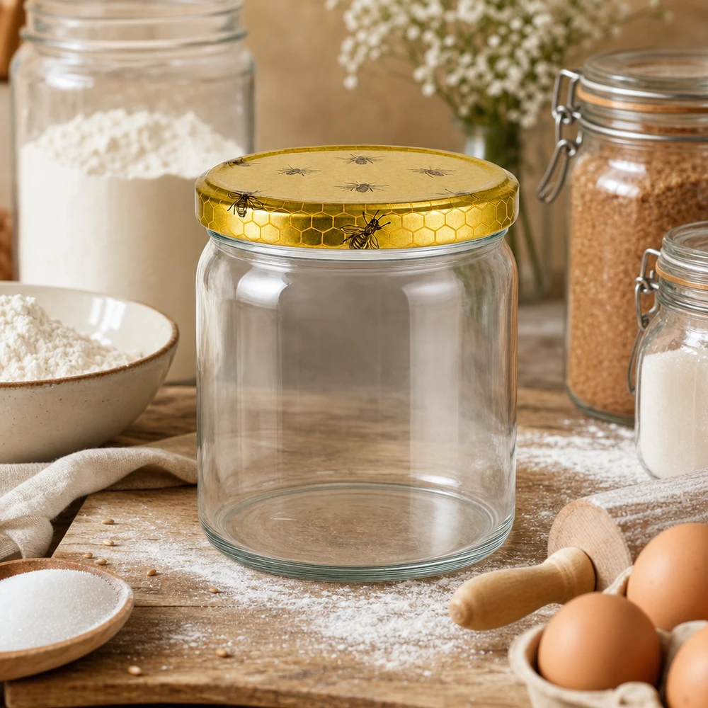 408ml ronde pot met BasicSeal honingraatdeksel leeg tussen bak ingrediënten bloem eieren en voorraad potten