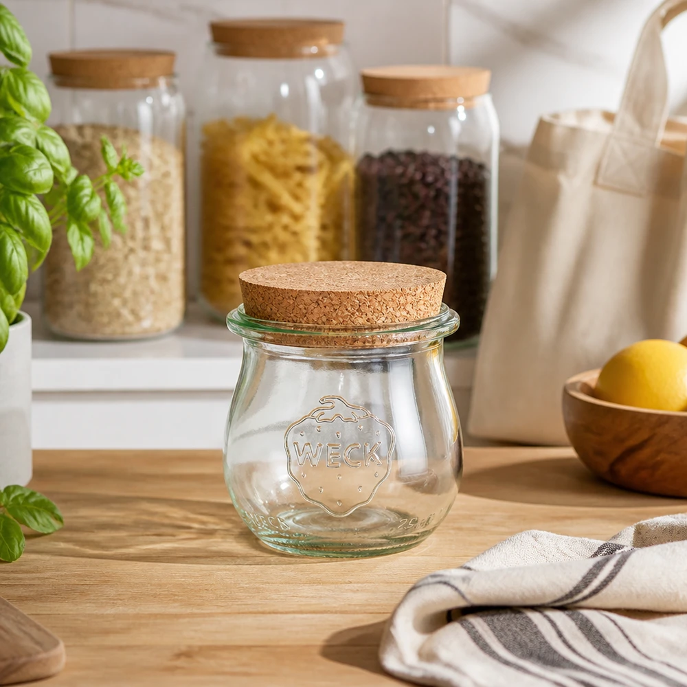 75ml tulpenglas WECK RR40 met kurk WECK tulpenpot 75ml RR40 met kurk in duurzame keuken tussen voorraadpotten en houten schalen op houten aanrecht