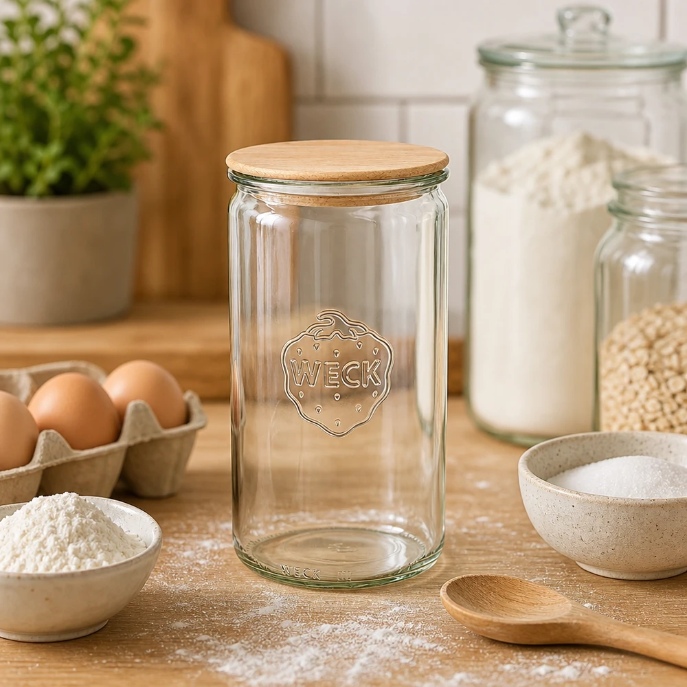 1590ml cilinderglas WECK RR100 met hout deksel WECK pot 1590ml RR100 leeg in bakkerskeuken met bloem, eieren en bakingrediënten voor brood bakken en deegbereiding