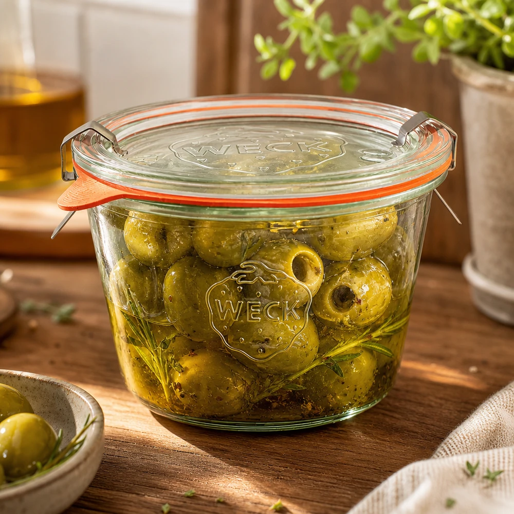 370ml stortglas compleet WECK RR100 WECK RR100 pot 370ml gevuld met ingemaakte olijven in olie toont perfecte bewaring van antipasti