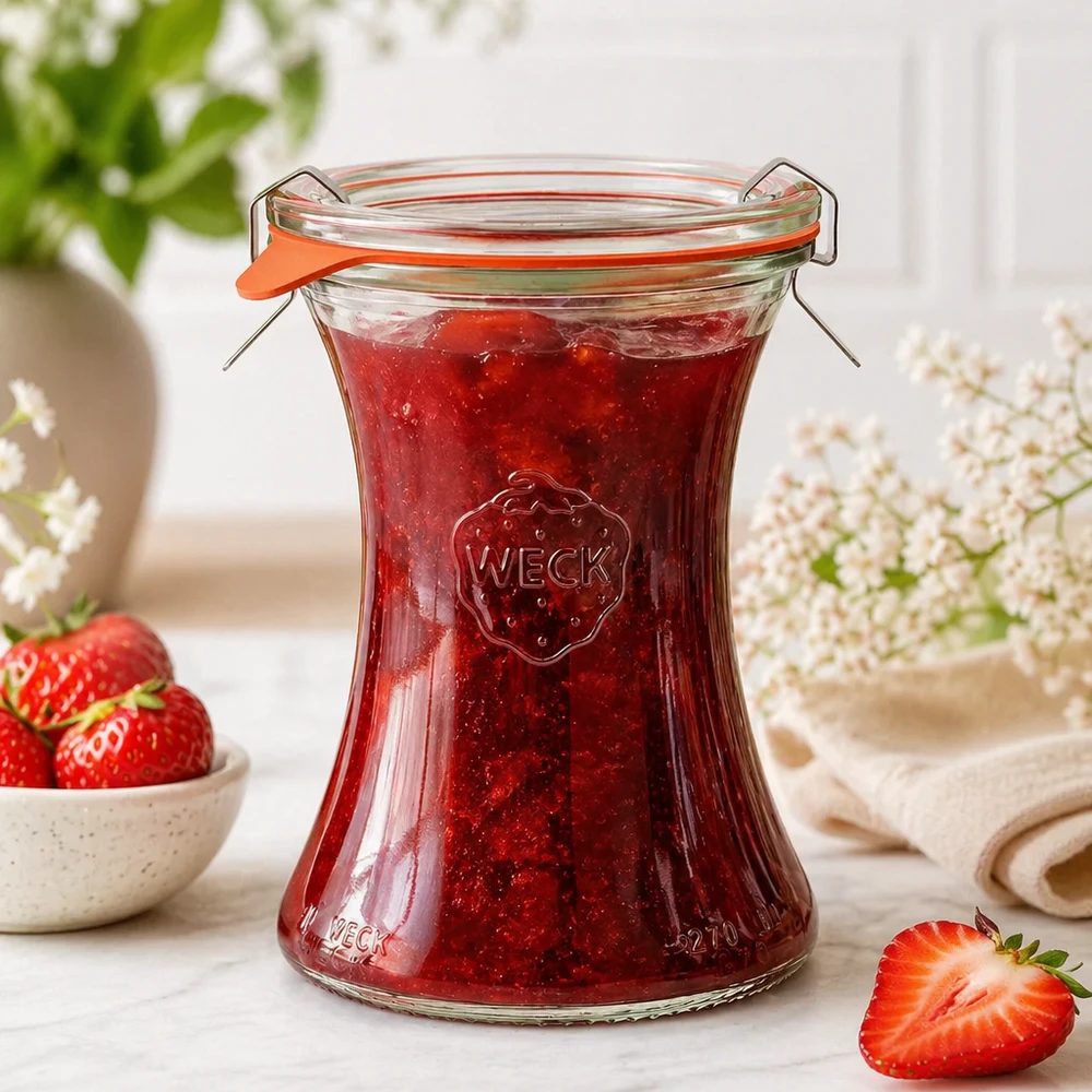 370 ml delicatessenpot, compleet WECK RR80 WECK delicatessenpot 370ml RR80 gevuld met zelfgemaakte aardbeienjam Mason jar met swing-top deksel Lifestyle