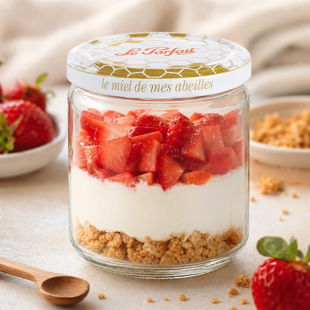 Le Parfait® honingpot 212 ml Ø63 mm Le Parfait 212ml Honing voorraadpot gebruikt als dessertschaal met aardbeien, yoghurt en koekjesbodem